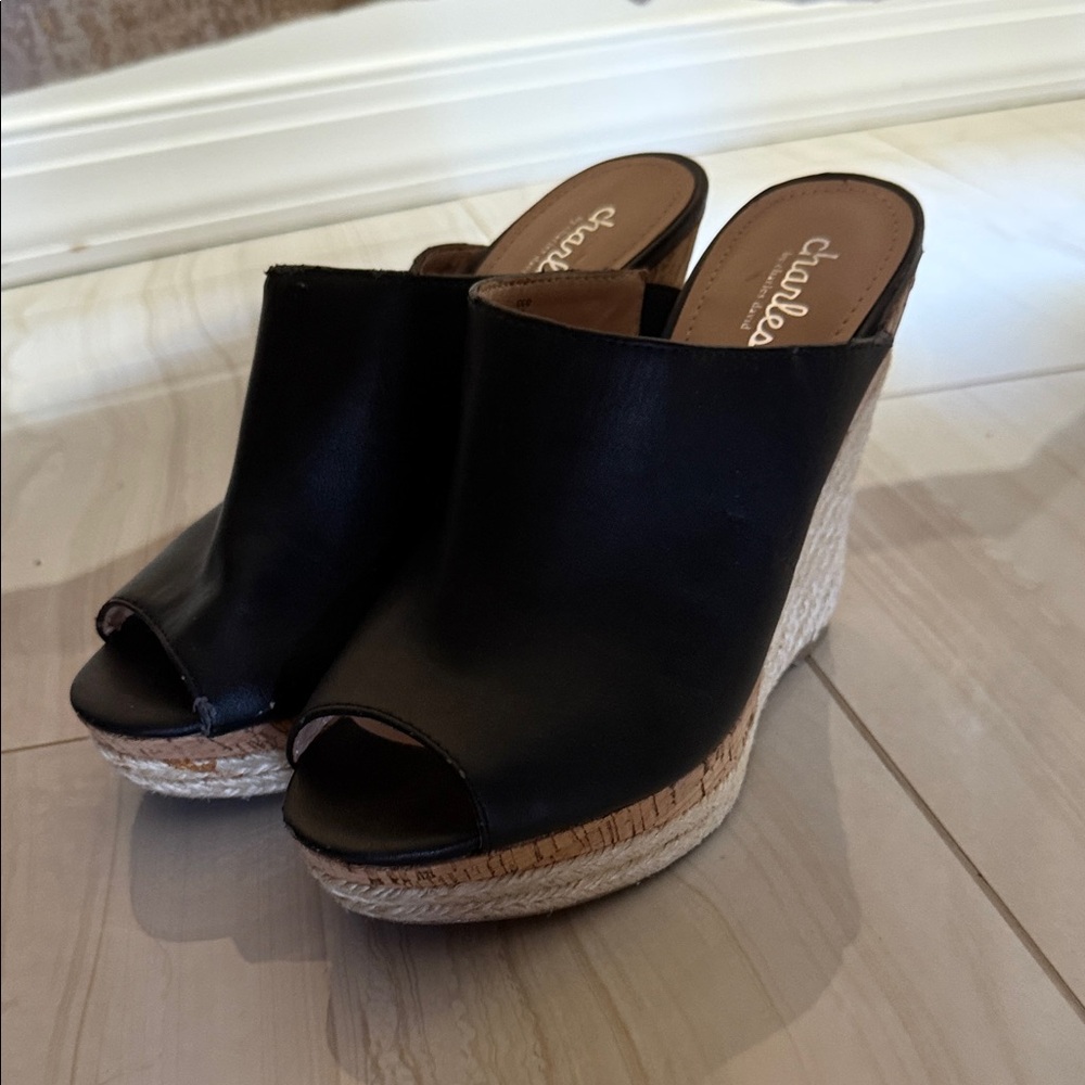 Charlies Black Peep-Toe Wedges